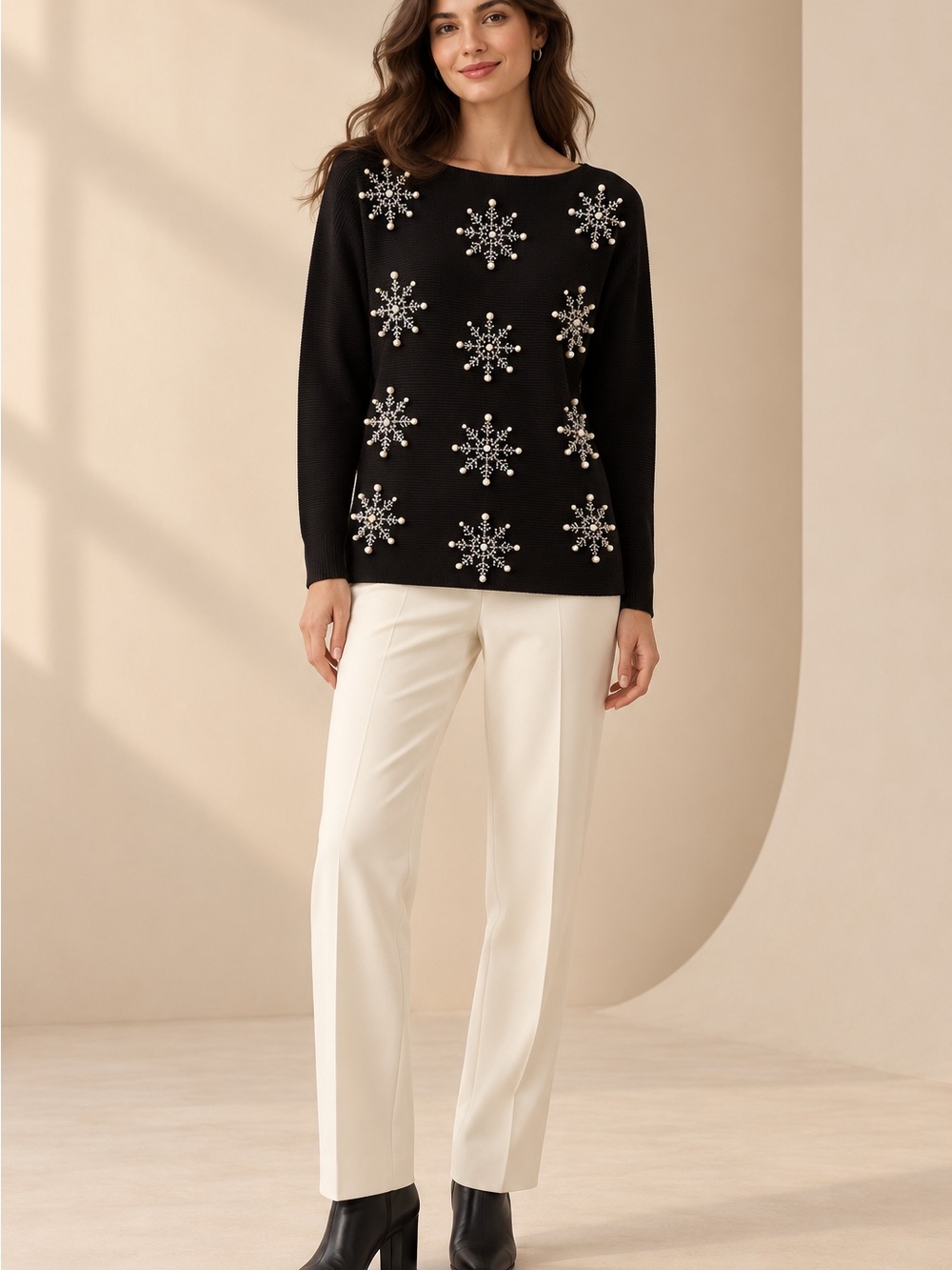 LIV Milano NWT Black Pearl Rhinestone Snowflake Sweater S AAA00410